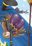  1girl ass big_ass big_breasts blush breasts broom brown_hair cameltoe cat green_eyes hat impossible_clothes long_hair monvasa monvasa_(artist) solo sophia_esteed star_ocean star_ocean_till_the_end_of_time witch witch_hat 