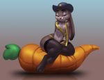  1girl 1girl 2016 anthro breasts clothing disney fur furry grey_fur half-closed_eyes hand_behind_back hat judy_hopps kevinsano lagomorph legwear looking_at_viewer mammal multicolored_fur rabbit sitting small_breasts smile thick_thighs two_tone_fur zootopia 