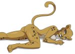 1girl anthro ass blue_eyes breast_squish breasts cheetah cheetah_(dc) feline furry hahaboobies looking_at_viewer lying mammal nude on_front raised_tail sideboob simple_background slit_pupils smile spread_legs spreading tail white_background