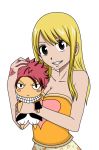 1girl arm arms art babe bare_arms bare_shoulders black_eyes blonde blonde_hair breasts clenched_teeth collarbone doll fairy_tail grin holding holding_doll keit45 keit45_(artist) long_hair looking_at_viewer lucy_heartfilia natsu_dragneel neck smile strapless tattoo teeth upper_body