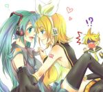 1boy 2_girls 2girls aheim blush brother_and_sister eye_contact hair hatsune_miku heart kagamine_len kagamine_rin long_hair looking_at_another love miku_hatsune multiple_girls open_mouth short_hair siblings twin_tails twins vocaloid yuri