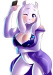  1girl 2015 anthro belly big_breasts blush boss_monster bottomless breasts camera caprine cellphone cleavage clothed clothing dress furry goat horn mammal mature_female midriff navel one_eye_closed panties phone rizkitsuneki skimpy slightly_chubby toriel undertale underwear video_games wink 