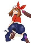  1girl :) ass bandanna big_ass blue_eyes breasts brown_hair buttjob clothed_sex cum cum_on_ass cum_on_clothes cute disembodied_penis footjob haruka_(pokemon) huge_ass humping looking_back may pokemon smile white_background 