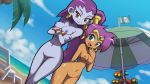  2girls :d art babe belly blue_eyes breasts capcom dark_skin dutch_angle earrings grey_skin hair jewelry looking_at_viewer midriff multiple_girls navel nipples nude nude_filter pirate purple_hair pussy red_eyes risky_boots shantae shantae_(character) shantae_and_the_pirate&#039;s_curse short_hair smile standing tinkerbat very_long_hair wayforward 