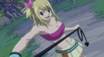  1girl babe bare_shoulders big_breasts black_eyes blonde blonde_hair breasts fairy_tail long_hair looking_at_viewer lucy_heartfilia midriff one_side_up open_mouth round_teeth smile strapless teeth tubetop 