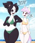  2016 2_females 2_girls 2girls anthro beach bear belly bikini black_hair blush breasts cleavage clothed clothing dialogue duo english_text equine fan_character female female_only furry hair horn mammal midriff multiple_girls my_little_pony navel outdoors panda skecchiart standing swimsuit text unicorn 