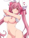  animal_ears arms_up bare_arms bare_shoulders belly big_breasts blush bottomless bow bowtie breasts breasts_out_of_clothes breasts_outside bunny_ears cowboy_shot crossed_arms di_gi_charat dice_hair_ornament gloves groin hair hair_between_eyes hair_bow hair_intakes hair_ornament hair_ribbon hasu_(hk_works) large_breasts lifted_by_self long_hair looking_at_viewer midriff navel nipples no_bra pink_bow pink_bowtie pink_eyes pink_hair red_eyes ribbon shirt shirt_lift simple_background sleeveless sleeveless_shirt solo stomach sweatdrop tied_hair twin_tails twintails undressing usada_hikaru very_long_hair white_background white_gloves white_shirt 