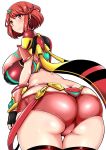 1girl ass big_breasts blush breasts butt_crack curvy female female_only fingerless_gloves from_behind gloves hair_ornaments leaning_forward looking_at_viewer looking_back nintendo pyra red_eyes red_hair short_hair short_shorts shorts sideboob simple_background smile solo thick_thighs thighhighs thighs useless_armor useless_clothes useless_clothing white_background xenoblade xenoblade_(series) xenoblade_chronicles_2