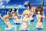 &gt;:d 1girl 6+girls :d ;d \o/ aircraft_carrier anchovy_(girls_und_panzer) arms_up bikini black_bikini blonde blue_eyes braid breasts brown_hair camcorder camouflage camouflage_bikini casual_one-piece_swimsuit cleavage cloud cloudy_sky darjeeling drill_hair fang flag_print frilled_swimsuit frills garrison_cap girls_und_panzer green_hair group gun hair_ornament hair_ribbon hat high_resolution holding italian_flag italian_flag_bikini katyusha_(girls_und_panzer) kay_(girls_und_panzer) long_hair looking_at_another looking_at_viewer midriff multiple_girls navel nishizumi_maho nonna_(girls_und_panzer) nude_filter ocean one-piece_swimsuit one_eye_closed open_mouth outside outstretched_arms photoshop print_bikini ribbon ship short_hair side-tie_bikini sky smile splashing swimsuit tied_hair twin_drills twin_tails wading warship water water_gun weapon wink