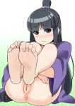  1girl ace_attorney anus barefoot black_hair blush donut_anus eyebrows eyebrows_visible_through_hair feet female female_only half_updo highres japanese_clothes kimono long_hair looking_at_viewer maya_fey no_panties panimiiru pussy sitting soles solo solo_female sweat toes uncensored underbutt 