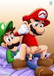  anal bed blush bottomless brothers cum cum_in_ass incest luigi mario penis pillow rear_deliveries reverse_cowgirl super_mario_bros. testicles yaoi 