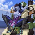  1girl anal_penetration bastion_(overwatch) blue_skin boots breasts cloud dildo double_penetration hair jumpsuit nipples overwatch ponytail robot sky vaginal_penetration widowmaker 