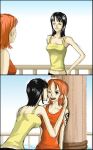  2girls ;d arm arms art artist_request babe bare_arms bare_shoulders black_hair breasts brown_eyes cheek_kiss closed_eyes comic friends hair kissing leaning leaning_forward looking_at_another love midriff multiple_girls mutual_yuri nami nico_robin one_eye_closed one_piece orange_hair pirate round_teeth shiny shiny_hair short_hair smile sweat sweatdrop tank_top tattoo upper_body wince yuri 