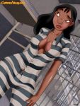  1girl 3d artist_name bed black_hair breasts brown_eyes cartoonvalley.com cleavage clothed collarbone copyright_symbol dark-skinned_female dark_skin disney dutch_angle exposed_breasts eyebrows female female_only hair helg_(artist) human human_only indoors lilo_and_stitch long_hair nani_pelekai no_bra non-nude prison prisoner smile solo stairs standing striped watermark web_address web_address_without_path 