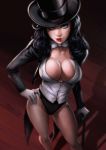 bent_over big_breasts cleavage dc_comics justice_league magician outfit solo standing top_hat uniform zatanna zatanna_zatara