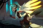  1girl ahegao anal anal_penetration angel blush fingering hair honeycomb_pattern mercy_(overwatch) motion_blur overwatch pussy tongue tongue_out torn_clothes wings winston_(overwatch) 