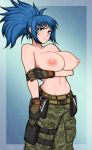  1girl 1girl 1girl afrobull bangs bare_shoulders big_breasts blue_eyes blue_hair breasts cargo_pants gloves high_resolution jewelry king_of_fighters leona_heidern midriff navel nipples paid_reward pants ponytail serious soldier the_king_of_fighters_xiv tied_hair very_high_resolution 