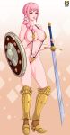 big_breasts breasts cleavage female kyoffie one_piece rebecca_(one_piece) shield solo string_bikini swimsuit sword weapon