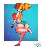  ass big_ass big_breasts blue_eyes breasts erect_nipples kasumi_(pokemon) looking_back misty orange_hair pokemon ponytail shoes sneakers solo suspenders tiger1001 