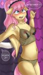  1girl alternate_hairstyle anthro anthrofied areola armpits belly blue_eyes blush breasts clothing dialogue english_text equine feathered_wings feathers fluttershy_(mlp) friendship_is_magic furry hair highres long_hair mammal midriff mrscurlystyles my_little_pony navel nipples open_mouth panties pegasus pink_hair text tongue translucent transparent_clothing underwear unseen_character wings 