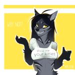 1girl 2015 aimi anthro black_hair breasts canine clothed clothing dialogue english_text fur furry grey_fur grin hair looking_at_viewer mammal original pup_(aimi) simple_background skimpy standing text tight_shirt wolf yellow_eyes