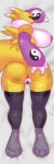  1girl 1girl 2018 3_fingers absurd_res anthro anus areola armband ass big_breasts black_sclera blush breasts canid canine clothed clothing dakimakura_design digimon digimon_(species) eyewear fan_character fingers fur furry genitals glasses green_eyes high_res huge_breasts juzztie legwear looking_at_viewer looking_back lying mammal mane nipples on_front open_mouth open_shirt presenting presenting_hindquarters professor_rena pussy renamon shirt stockings stockings topwear white_body white_fur yellow_body yellow_fur 