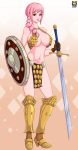 armor big_breasts bikini_armor breasts cleavage female kyoffie one_piece rebecca_(one_piece) shield solo sword weapon