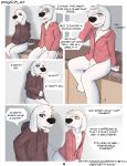  animal_genitalia anthro black_nose blush bottomless brian_griffin brown_eyes canine clothed clothing comic dialogue digital_media_(artwork) dog dogs_play ear_piercing english_text family_guy fully_sheathed fur furry girly hoodie jasper_(family_guy) male mammal piercing seth-iova sheath sitting testicles text white_fur yellow_eyes 