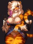  1girl 1girl 2016 alcohol anthro beverage breasts buxbi_(character) champagne clothing dress feline food furry licking licking_lips mammal nipples off_shoulder panties pussy stripes tiger tongue tongue_out underwear waitress_(artist) wet 