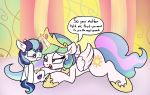  1girl 2016 age_difference ass bedroom_eyes blush crown cub cute cutie_mark dialogue duo english_text equine erection feathered_wings feathers feral friendship_is_magic glowing hair half-closed_eyes high_res horn horse imminent_sex long_hair lying magic male mammal multicolored_hair my_little_pony older_female on_stomach open_mouth penis pony princess_celestia ratiodaze seductive shining_armor size_difference text two_tone_hair unicorn winged_unicorn wings young younger_male 