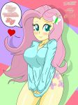  1_female 1girl 2016 anthro big_breasts blue_eyes blush breasts clothed cute english_text equine female female_only fluttershy friendship_is_magic hair long_hair looking_at_viewer my_little_pony pink_hair smile solo standing 