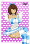 1girl ass big_ass big_breasts breasts cosplay crossed_legs female female_frisk female_only frisk frisk_(undertale) human human_only legs_crossed panty_&amp;_stocking_with_garterbelt polka_dot_background scrambles-sama solo_female solo_human stocking_(psg) stocking_(psg)_(cosplay) undertale undertale_(series)