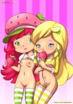 2_girls ass belly blonde_hair blue_eyes bottomless braid breasts clothed clothes clothing duo eating erect_nipples female female_only fingering food freckles fruit green_eyes hair hair_ornament hairclip hat head_tilt headgear lemon lemon_meringue long_hair looking_at_viewer looking_away masturbation midriff navel nipples palcomix partially_clothed pussy red_hair sex shirt shirt_lift small_breasts smile standing strawberry strawberry_shortcake strawberry_shortcake_(character) striped thighhighs twin_braids very_long_hair yuri yuri_haven