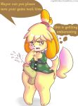  1girl 2013 animal_crossing anthro atrolux blush breasts canine cleavage clothed clothing cum dickgirl dog fur furry highres intersex isabelle_(animal_crossing) looking_at_viewer looking_away mammal nintendo penis shih_tzu testicles video_games yellow_fur 