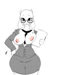  1girl 1girl 2016 anthro areola big_breasts boss_monster breasts caprine clothed clothing eyewear fur furry glasses goat high_res horn inuyuru looking_at_viewer mammal neck_tie nipples simple_background smile teacher toriel undertale video_games white_background white_fur 