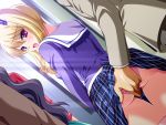  ass bishop_(company) blonde_hair chikan clothed embarrassed female fingering hand_between_legs looking_at_viewer looking_back molestation open_mouth pink_panties public purple_eyes school_uniform skirt_lift train_interior twintails 