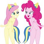  2girls animal_ears blue_eyes breasts equestria_girls fluttershy friendship_is_magic green_eyes hair long_hair looking_at_another multiple_girls my_little_pony nipples nude pink_hair pinkie_pie pussy smile tail 