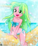 1girl bikini charliexe equestria_girls female female_only friendship_is_magic green_hair lemon_zest long_hair mostly_nude my_little_pony older older_female outdoor outside side-tie_bikini_bottom solo swimsuit young_adult young_adult_female young_adult_woman