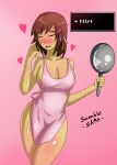 1girl apron apron_only artist_name big_breasts breasts female female_frisk female_only flirting frisk frisk_(undertale) frying_pan human human_only naked_apron pink_apron pink_background scrambles-sama solo_female undertale undertale_(series)