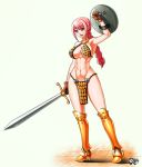 1_female 1girl abs arm_up armor big_breasts bikini_armor braid braided_ponytail breasts cleavage female female_only full_body gloves greaves jadenkaiba navel one_piece open_mouth pink_eyes pink_hair ponytail rebecca_(one_piece) shield simple_background smile solo solo_female standing stomach sword toned weapon