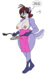 anthro apron badger breasts clothed clothing cooking english_text exposed_breasts female kelly_mclaughlin_(uberquest) mammal mature_female mustelid musteline nipples simple_background skidd solo text topless uberquest webcomic webcomic_character white_background wide_hips