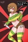 alternate_version_available artist_name big_breasts breasts chara chara_(undertale) cleavage english_text female female_only knife red_eyes scrambles-sama tearing_clothes text torn_clothes undertale undertale_(series) weapon