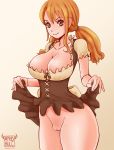  1girl afrobull big_breasts breasts brown_eyes cute dress hair looking_at_viewer nami one_piece orange_hair pussy smile twin_tails 