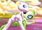  2girls ass bbmbbf celebi looking_back looking_up mew multiple_girls nintendo open_mouth palcomix pokemon pokepornlive pussy tail tribadism wink yuri 