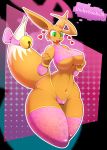  1girl anthro anthrofied ass bell belly big_ass big_breasts blush bow breasts canine clothed clothing cute eevee eeveelution english_text furry green_eyes heart highres legwear mammal midriff naomi_(r-mk) navel nintendo nipple_bulge open_mouth panties pokemon r-mk skimpy small_waist stockings string_panties text thick_thighs thought_bubble underboob underwear video_games voluptuous wide_hips 