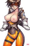 areolae big_breasts bodysuit breasts breasts_outside brown_hair cameltoe dark_arts_kai darkartskai gloves goggles jacket large_breasts lena_oxton looking_at_viewer nipples overwatch parted_lips shiny shiny_skin short_hair simple_background skin_tight skindentation smile solo standing thighs tracer_(overwatch) undressing unzipped white_background 