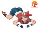 1girl ass big_ass big_breasts blue_eyes breast_press breasts brown_hair bubble_butt cleavage gloves hair haruka_(pokemon) may on_stomach patreon pokemon reit shorts worried 