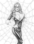  1girl actress amanda_seyfried armando_huerta big_breasts black_cat black_cat_(marvel) bodysuit breasts cat celeb cleavage covered_breasts eyebrows eyelashes felicia_hardy female female_only gloves large_breasts legs lips long_hair marvel marvel_comics mask monochrome smile solo spider-man_(series) thighs unzipped white_hair 