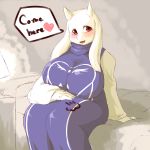 1girl 2010s 2016 anthro bed big_breasts blush boss_monster breasts breasts_bigger_than_head caprine clothed clothing dialogue english english_text fdokkaku female female_anthro female_only fur furry goat hair high_res horn huge_breasts inviting looking_at_viewer mammal milf on_bed open_mouth red_eyes robe sfw sitting smile solo solo_female speech_bubble text thick_thighs tongue toriel undertale undertale_(series) video_games voluptuous white_fur white_hair white_horn