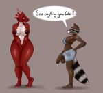 1girl anthro armpits big_breasts big_penis breasts clothing dickgirl dragon drooling duo furry highres horn intersex larger_female mammal nipples nude nukenugget open_mouth penis raccoon roxie_racoon saliva scalie size_difference testicles text wide_thighs 